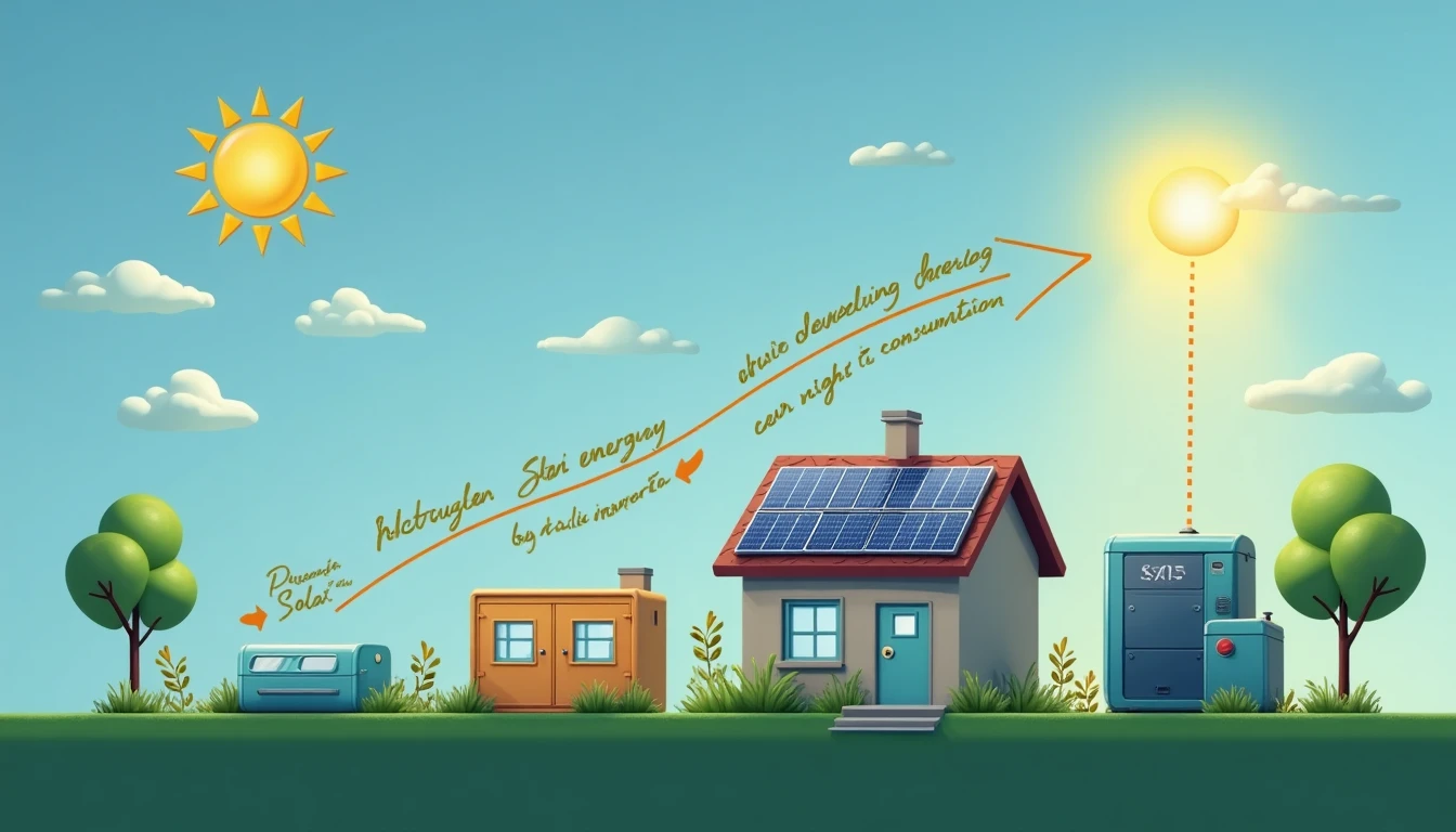 Diagram showing solar energy storage cycle: daytime charging, nighttime usage, increasing self-consumption