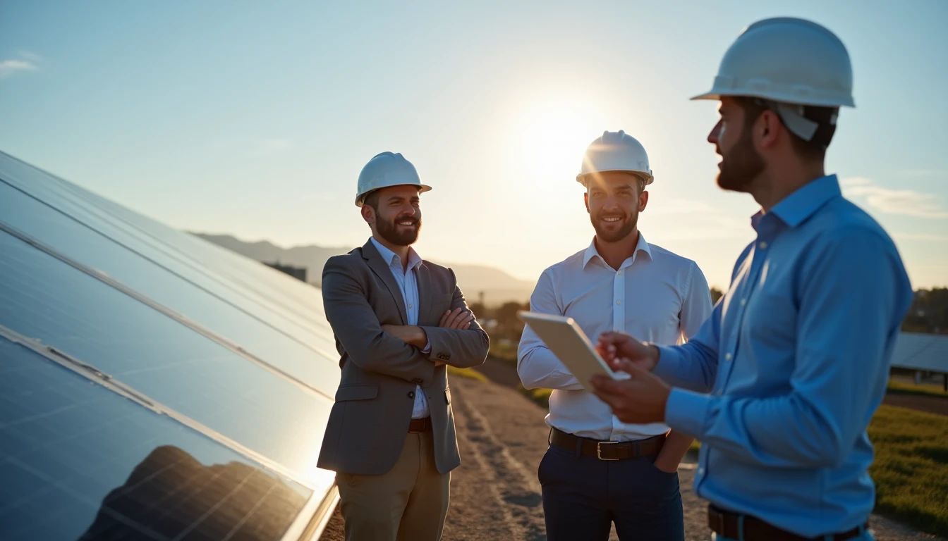 Solar energy consultants discussing photovoltaic projects, professional advice for renewable energy