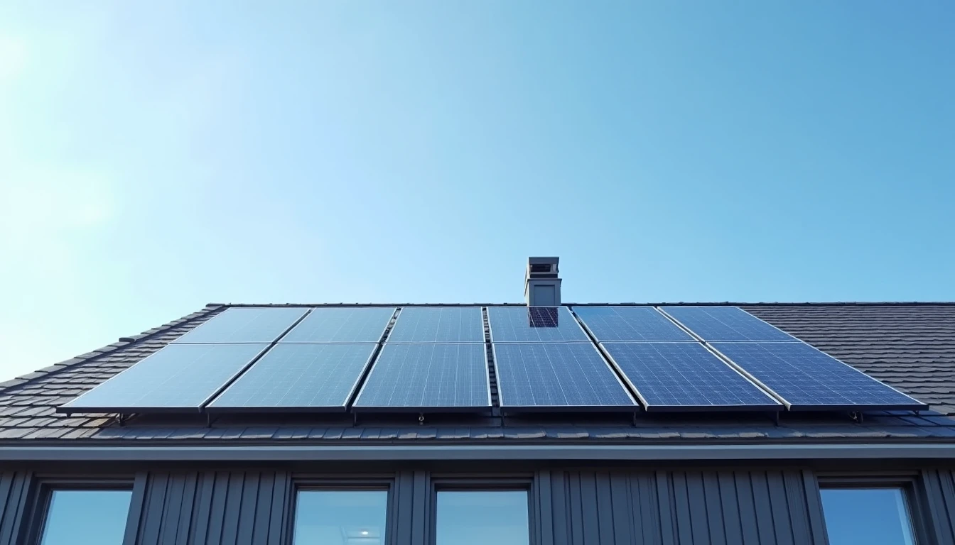 Solar panels installation on modern building rooftop in Lübeck, photovoltaic system, blue sky