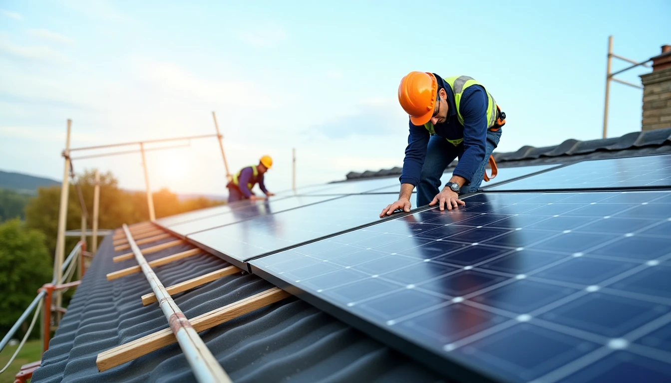 Step-by-step solar panel installation process: scaffolding, mounting rails, wiring, module placement on roof