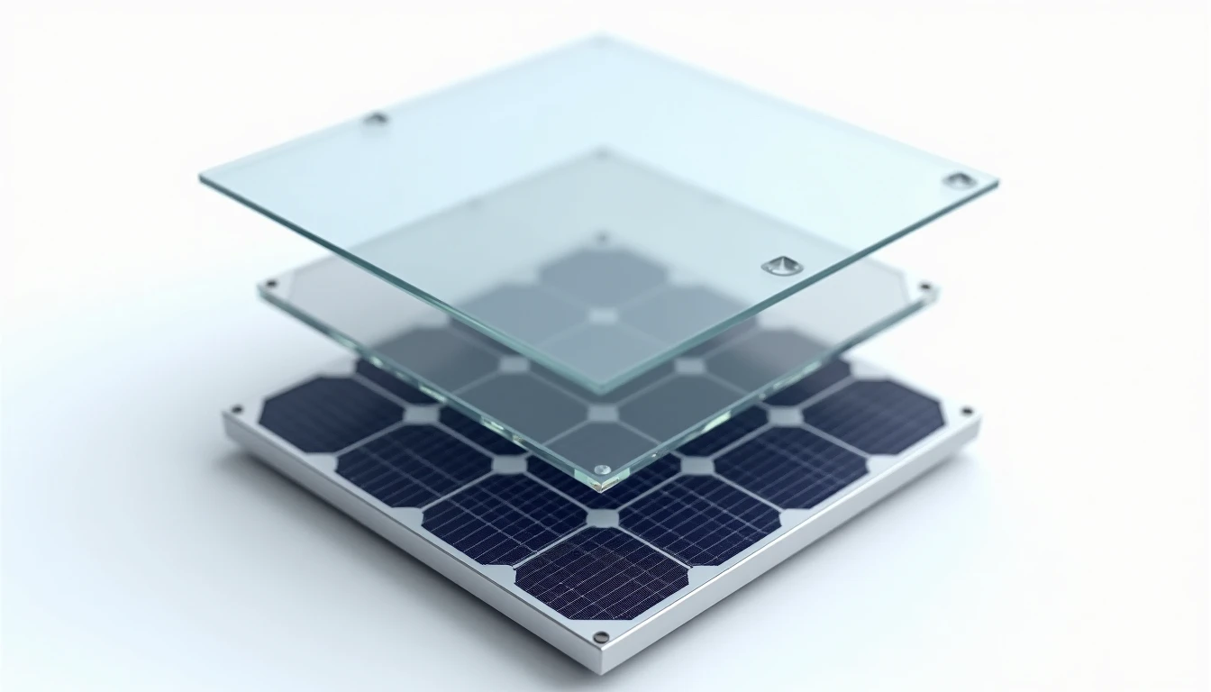 Exploded view of photovoltaic module layers: glass cover, EVA film, solar cells, backsheet, aluminum frame
